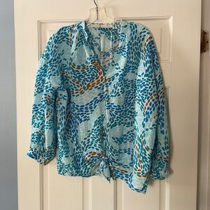 Marie Oliver 100% Silk Blouse Top Tie Front Blue Size S Travel Resort Vacation